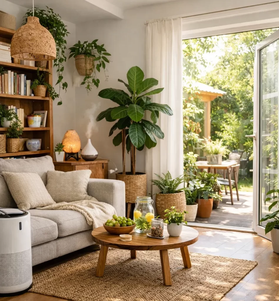 Frisse, lichte woonkamer met veel planten en schone lucht.