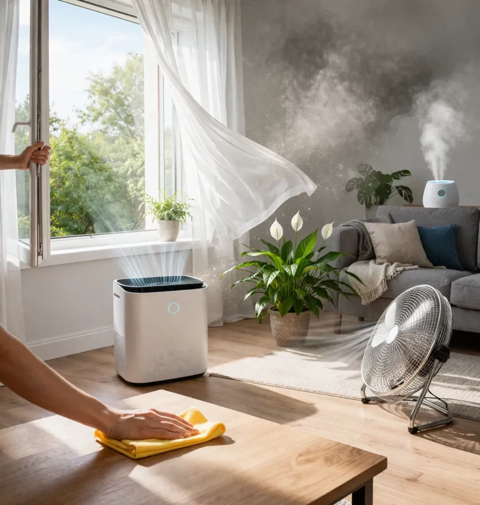 Frisse lucht in de woonkamer door ventilatie en luchtreiniging.
