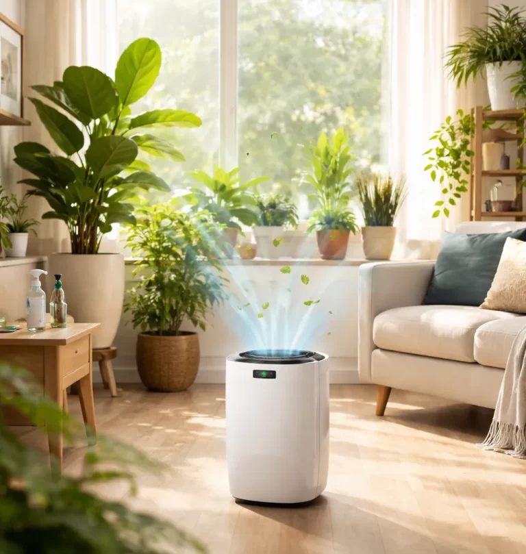 Frisse woonkamer met daglicht, kamerplanten en een luchtreiniger voor schonere binnenlucht.