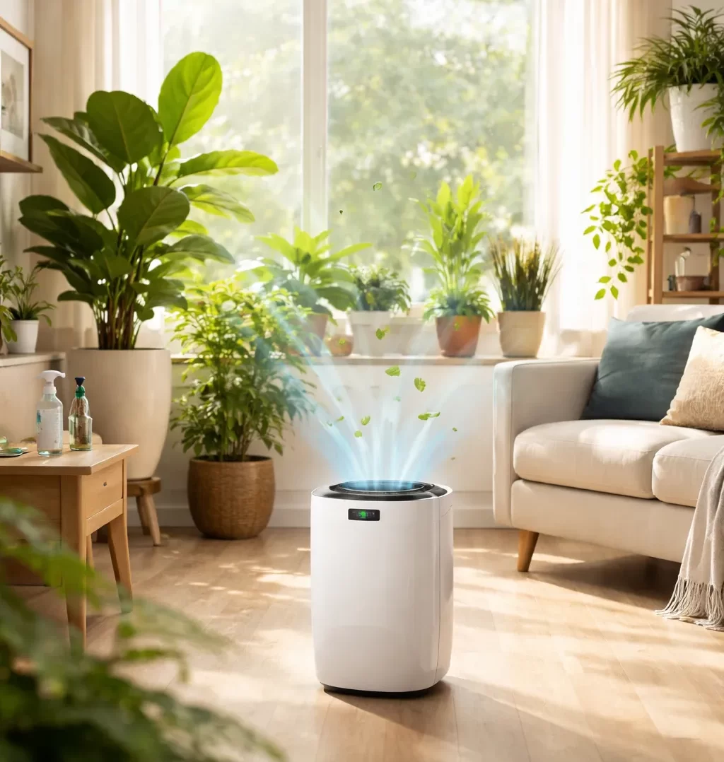 Frisse woonkamer met daglicht, kamerplanten en een luchtreiniger voor schonere binnenlucht.