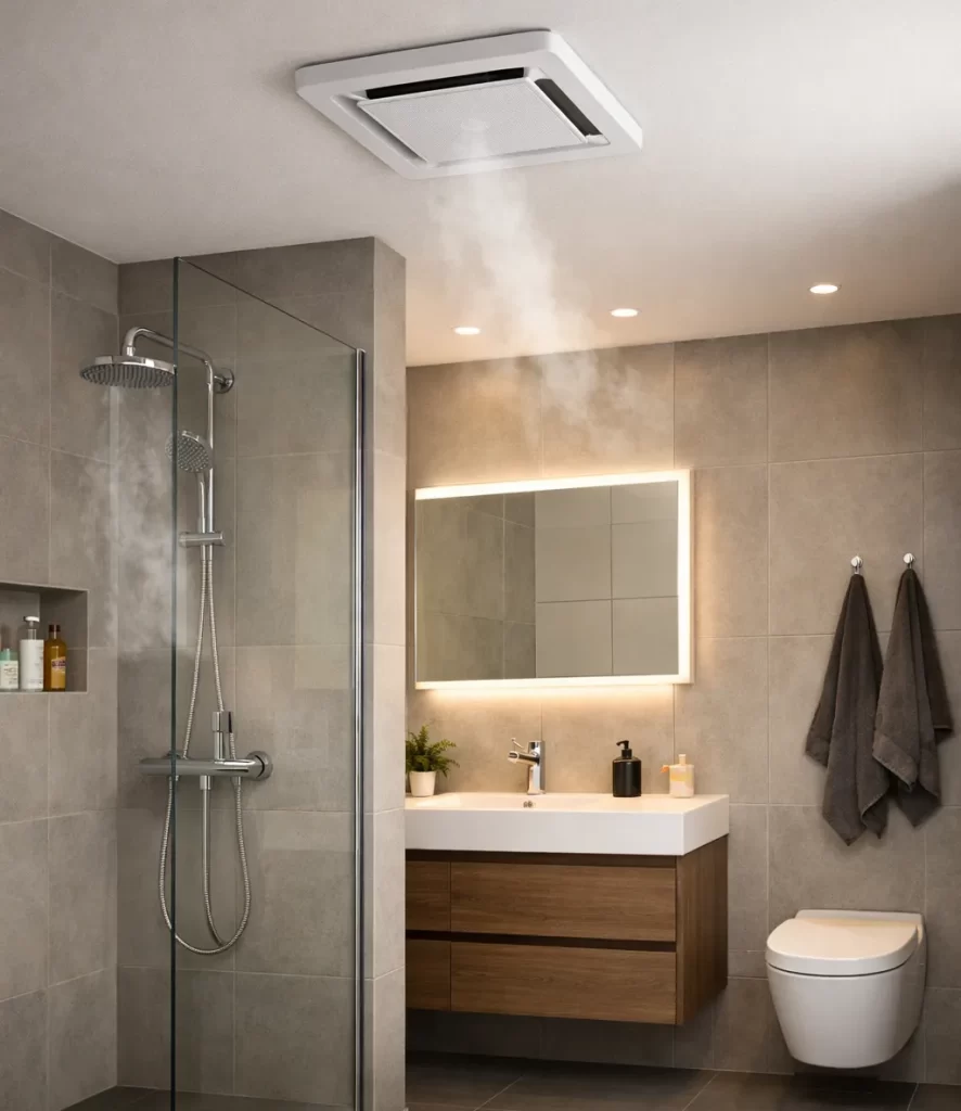 Moderne badkamer met mechanische ventilatie en goede afvoer van vocht.