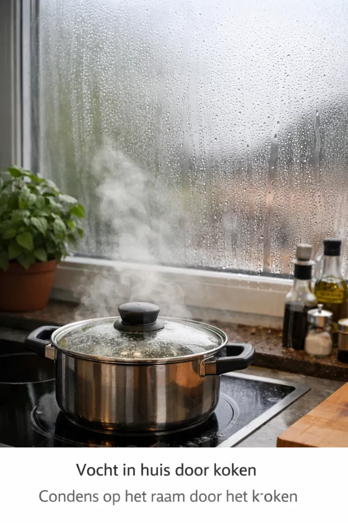 Stoom van het koken zorgt voor condens op het raam en extra vocht in de keuken.