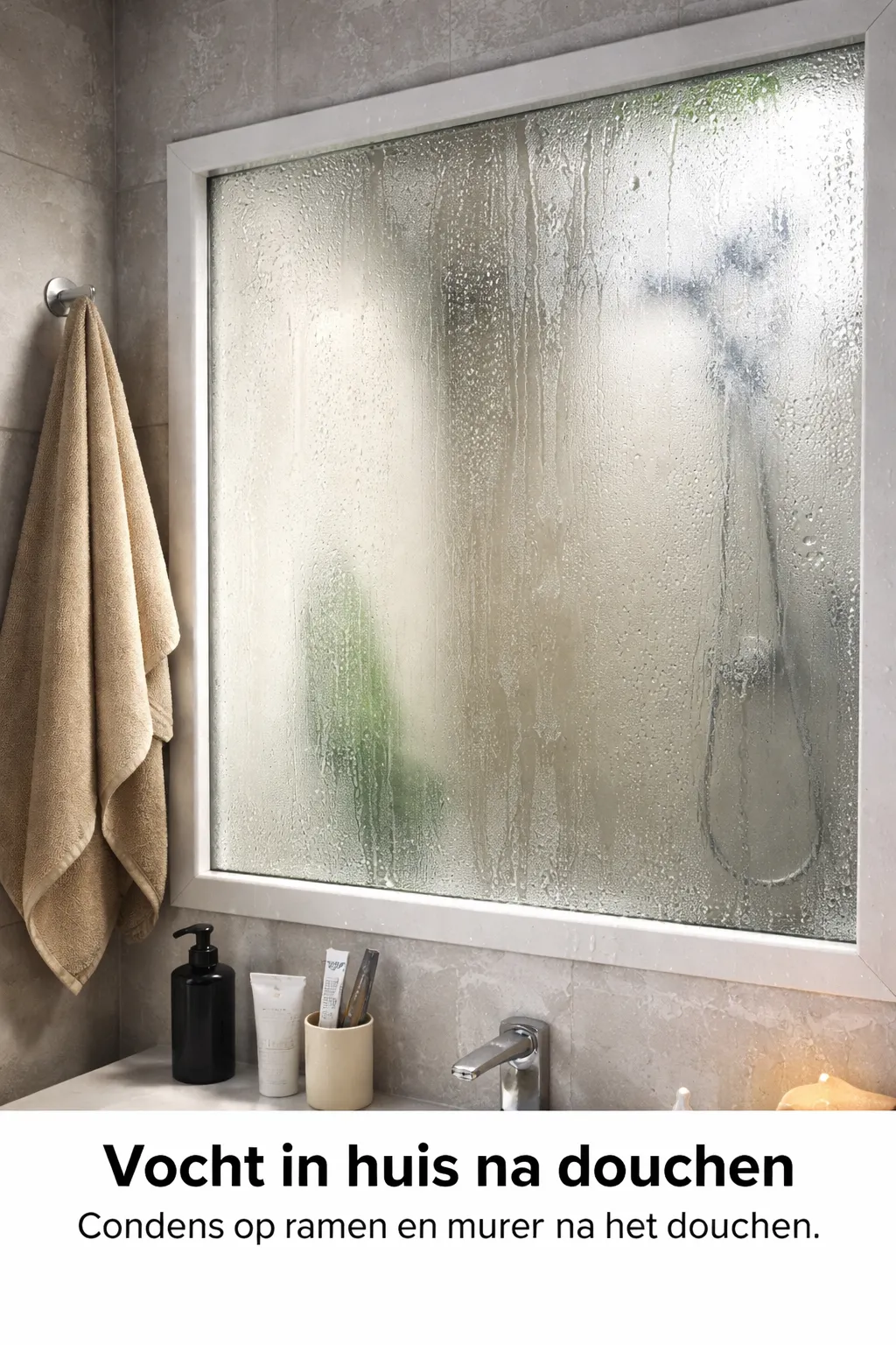 Condens in de badkamer na een warme douche.
