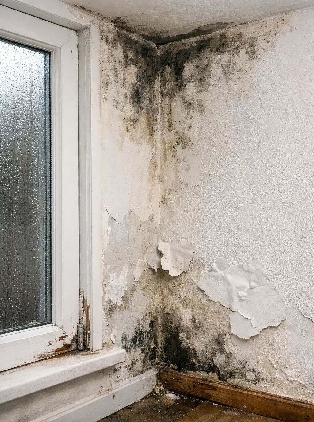 Realistische foto van een woonkamer met condens op het raam en een lichte vochtplek op de muur.