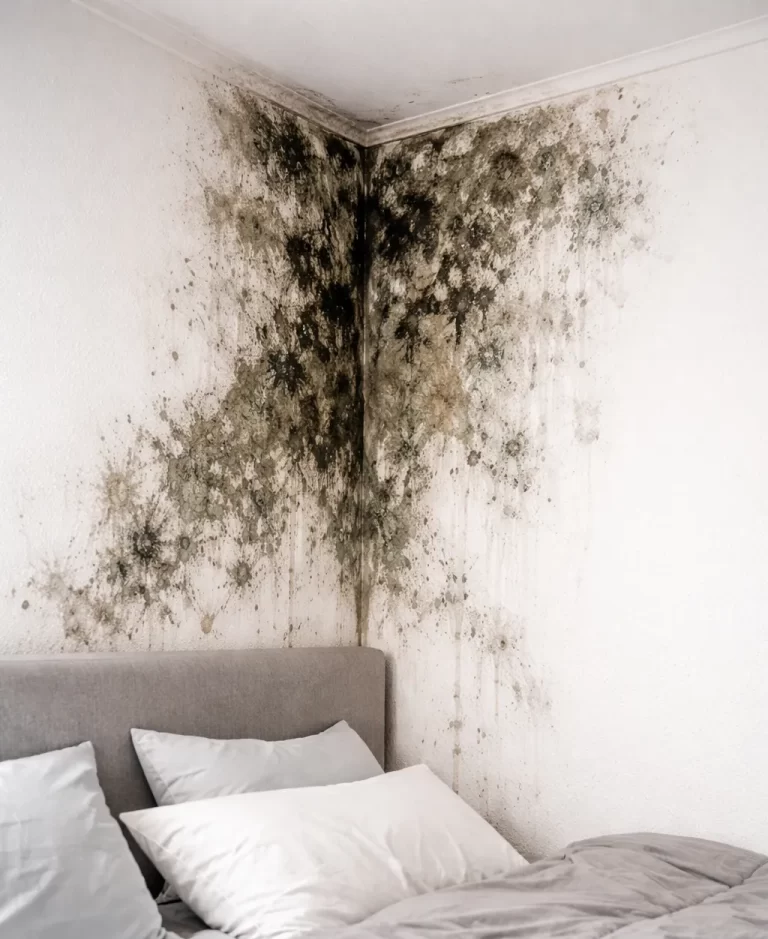 Vochtige muur met zichtbare schimmelplekken in de slaapkamer.