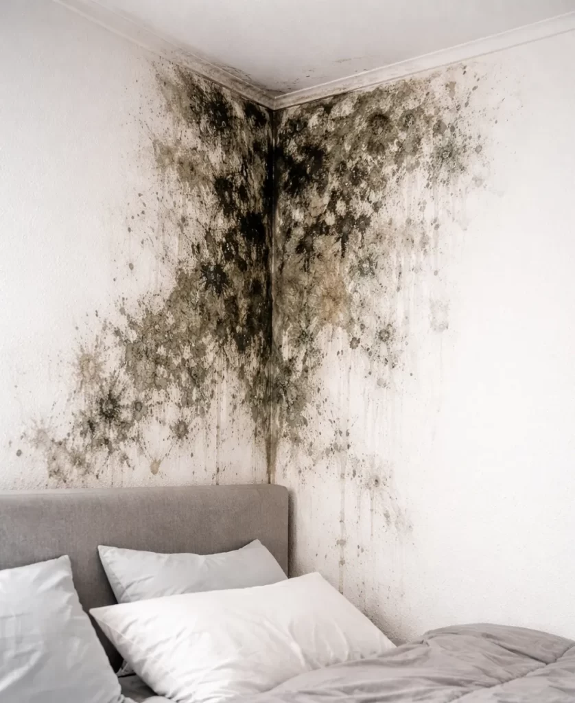 Vochtige muur met zichtbare schimmelplekken in de slaapkamer.