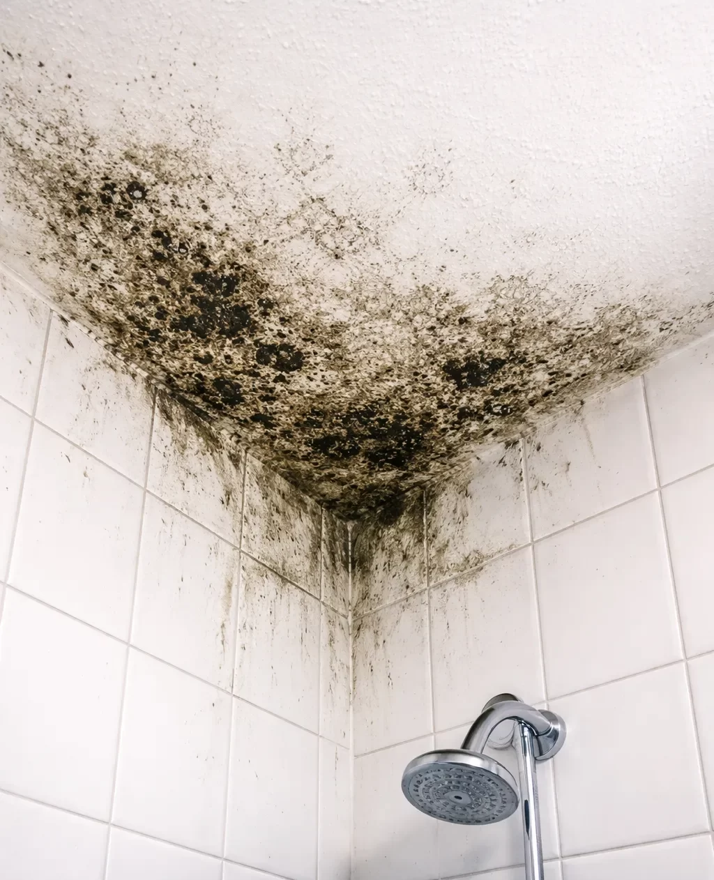 Ernstige schimmelvorming in een vochtige badkamerhoek.