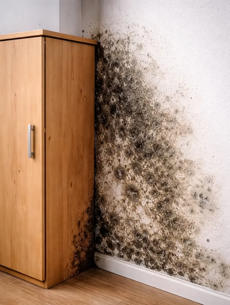 Schimmelvorming achter een kast tegen een buitenmuur.