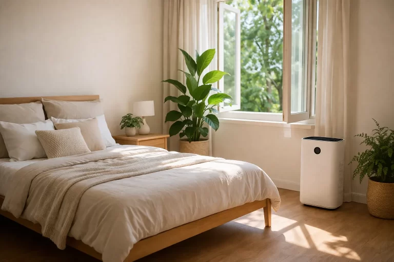 Een frisse, rustige slaapkamer met open raam, planten en een luchtreiniger voor betere luchtkwaliteit.