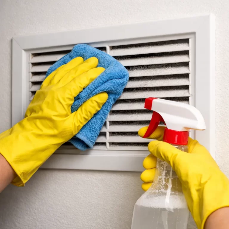 Een ventilatierooster wordt grondig schoongemaakt met een doek en reinigingsspray.