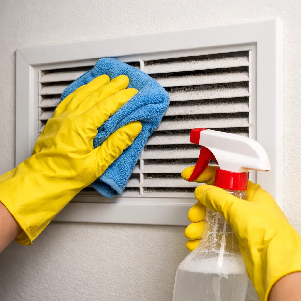 Een ventilatierooster wordt grondig schoongemaakt met een doek en reinigingsspray.