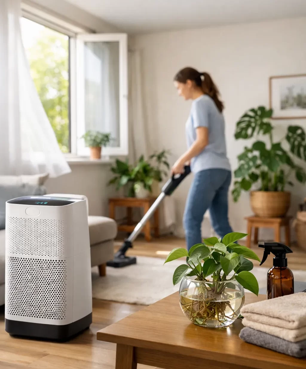 Schone woonkamer met luchtreiniger, ventilatie en schoonmaak om fijnstof binnenshuis te beperken.